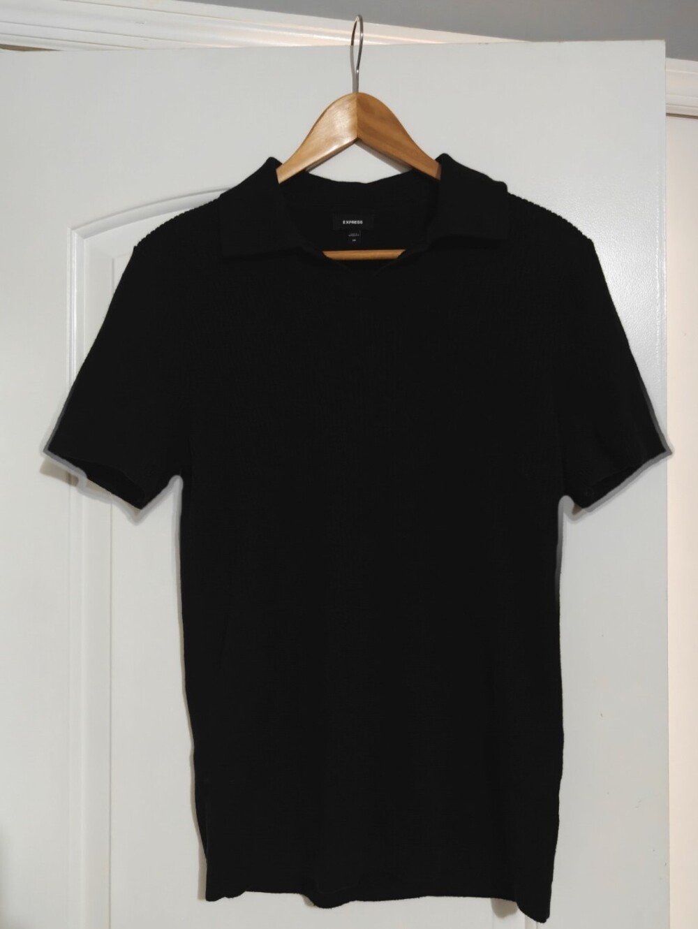 EXPRESS Mens Extra Small XS Black Ribbed Knit Johnny Collar Short Sleeve Polo
